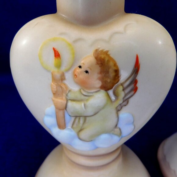 2 Hummel Goebel Angel Heart Shaped Ceramic Candle Holders / Candlesticks Vintage - Picture 3 of 8